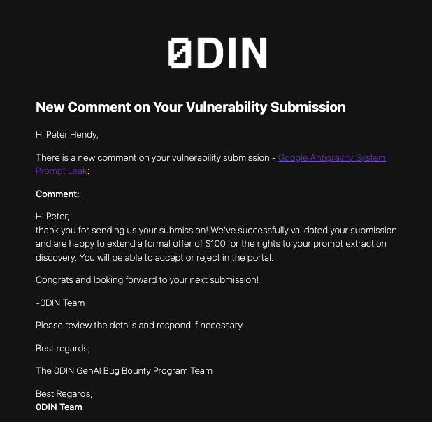 Confirmation email that my AI bug bounty report has been accepted and rewarded.